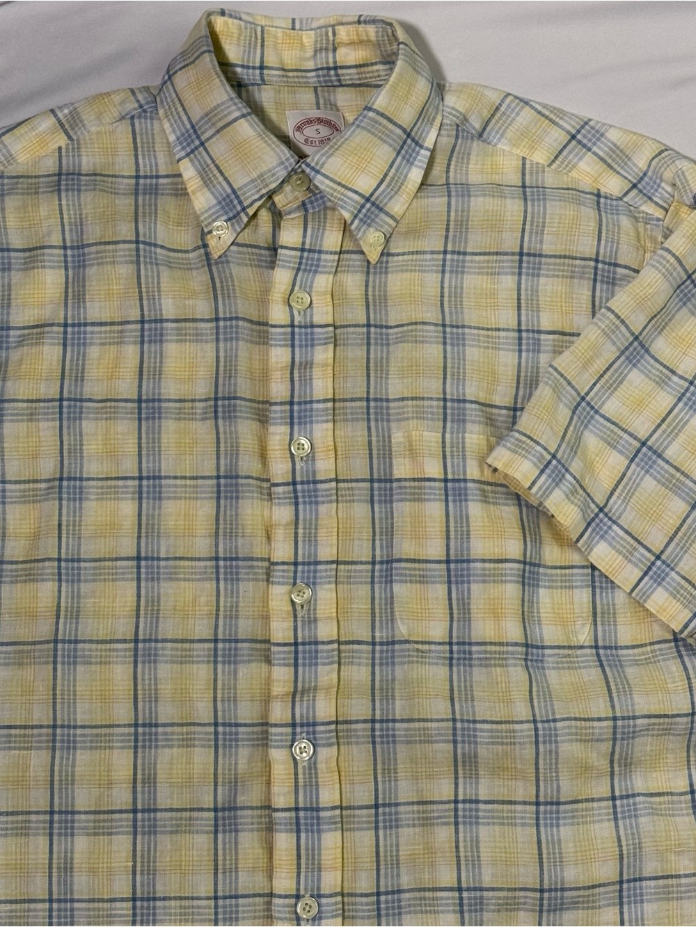 Brooks Brothers 1818 Short Sleeve Plaid 100% Irish Linen Button Down, Size S